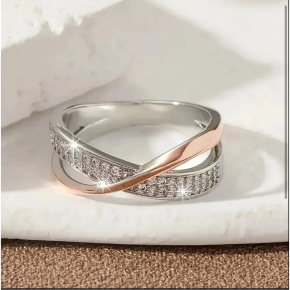 Silver & Rose Gold Diamond Crossover Ring